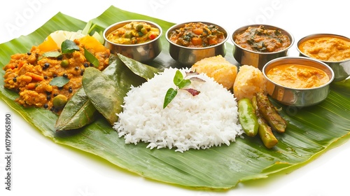 A banana leaf plate with various Indian dishes, including curries, and rice. photo