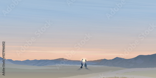 Silhouette grass hill landscape with couple of lover hand holding together have mountain ranges and sunset sky background. Valentine's day greeting card template.