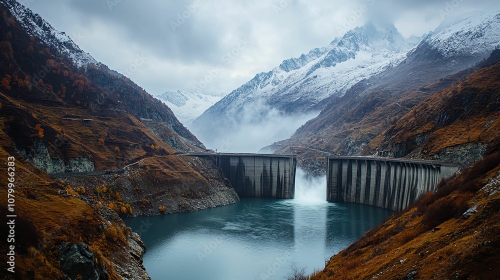 Mountainous Landscape with a Dam and Reservoir in the Alps Mountainous Landscape with a Dam and Reservoir in the Alps