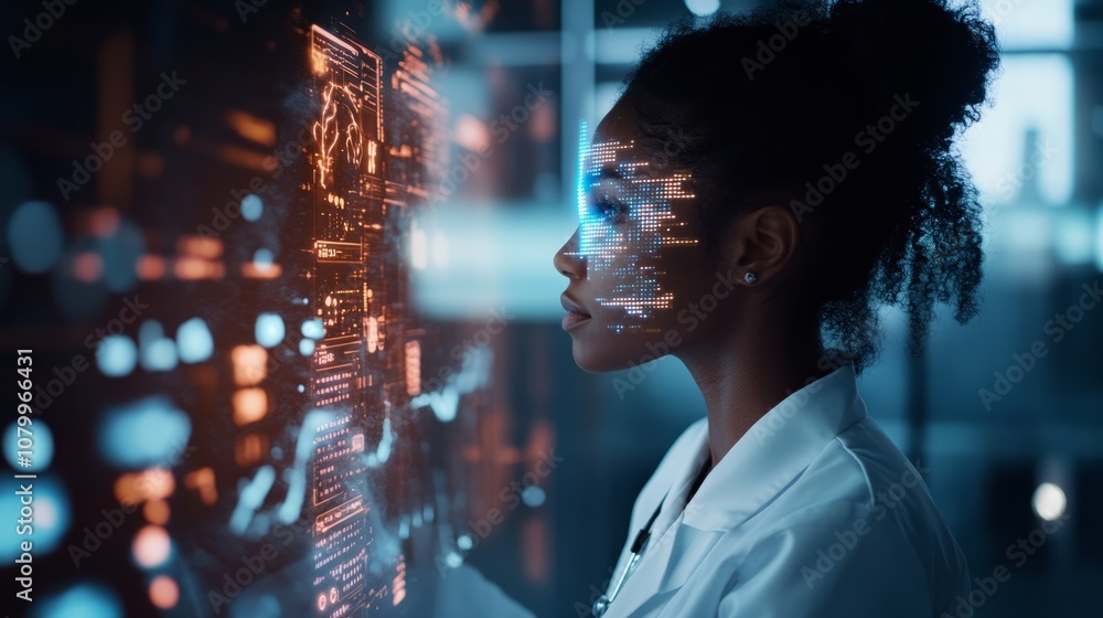 A side view of a Black female doctor, with data holograms illuminating her face as she analyzes complex healthcare analytics A side view of a Black female doctor, with data holograms illuminating her face as she analyzes complex healthcare analytics