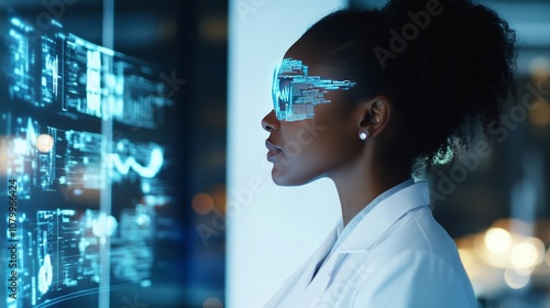 A side view of a Black female doctor, with data holograms illuminating her face as she analyzes complex healthcare analytics