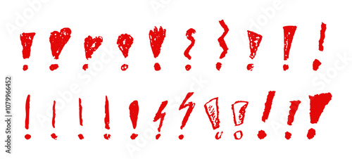Exclamation marks symbols set. Red crayon hand written signs. Doodle icons collection for emphasize important or dangerous warning text. Vector sketch or graffiti style exclamation marks.
