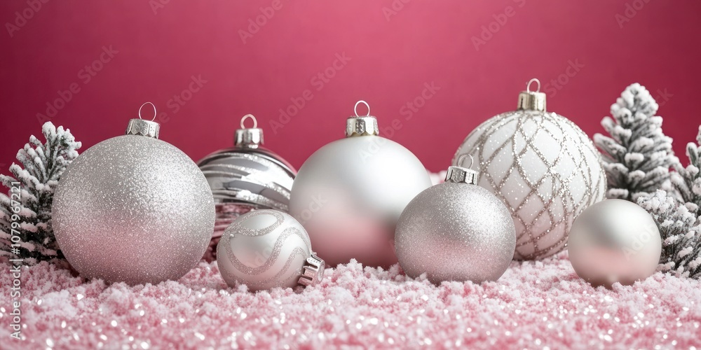 Silver Christmas ornaments on pink glitter with red background. Silver Christmas ornaments on pink glitter with red background.