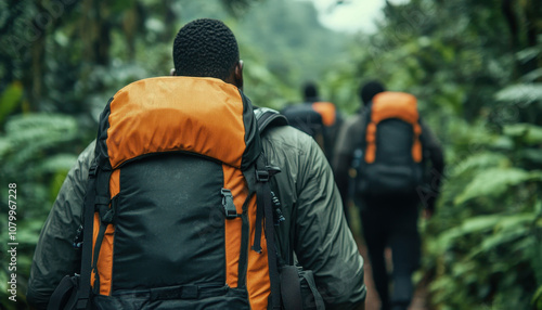 Wallpaper Mural Exploring nature, group of Black travelers with backpacks hike through dense forest, showcasing adventure and camaraderie in wilderness Torontodigital.ca