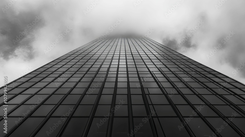 A Glass Facade of a Skyscraper Piercing Through Cloudy Skies A Glass Facade of a Skyscraper Piercing Through Cloudy Skies