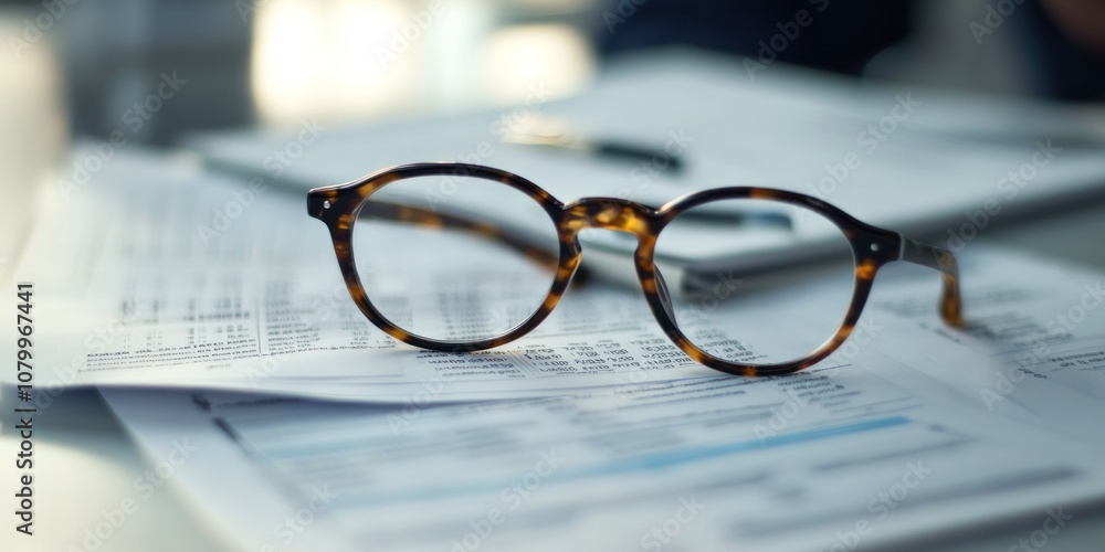 Brown-rimmed glasses lying on top of documents. Brown-rimmed glasses lying on top of documents.