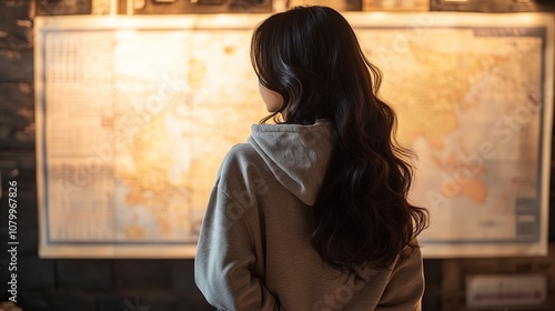 Woman with long black hair looking at a world map