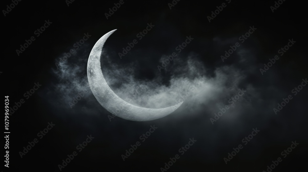 A lone white cloud shaped like a crescent moon, softly glowing against a pure black sky A lone white cloud shaped like a crescent moon, softly glowing against a pure black sky