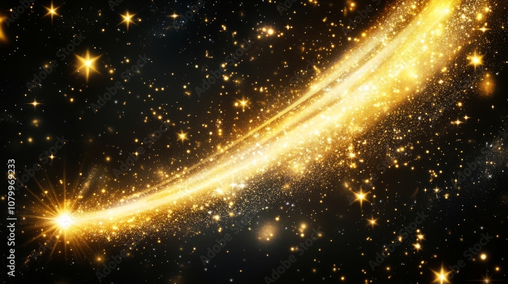 Naklejka premium Bright golden comet tail with sparkling stars and dust, creating a magical festive swirl