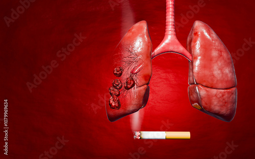 Lung cancer. Noncommunicable diseases or NCDs. Lung infections spread due to inhalation of cigarette smoke or dust. 3D Rendering. photo