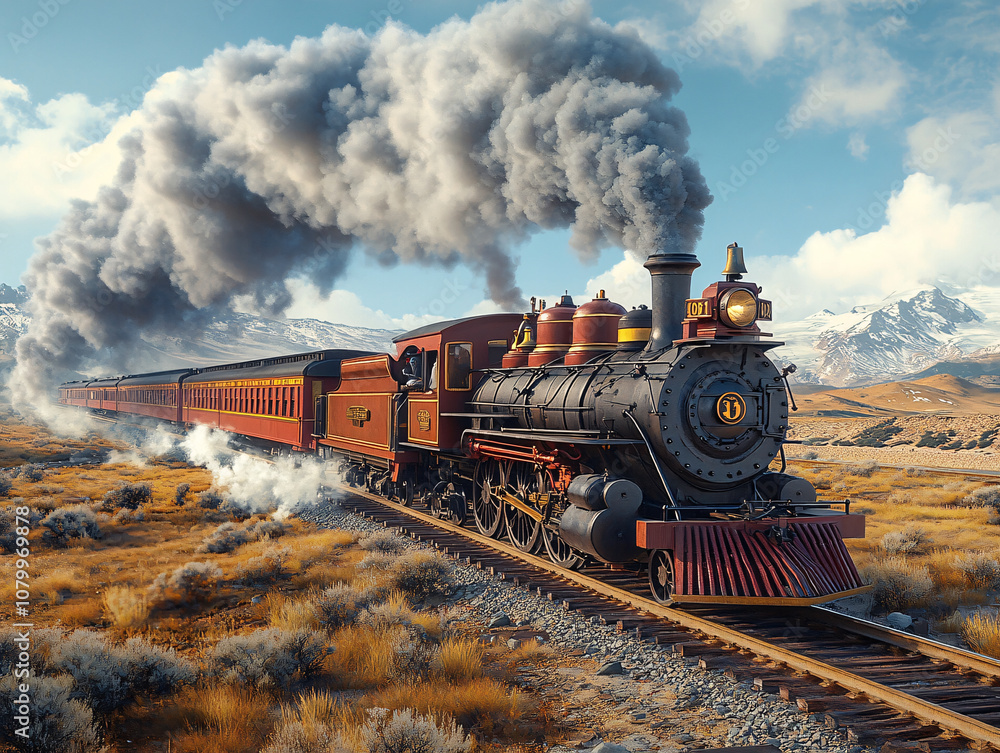 Obraz premium a vintage steam train traveling through a mountainous landscape, with smoke billowing from its engine and a fiery blaze on the back car.