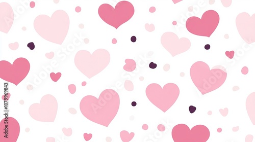 Pink and white seamless pattern with hearts and dots, vector illustration, wide horizontal design for digital and print backgrounds