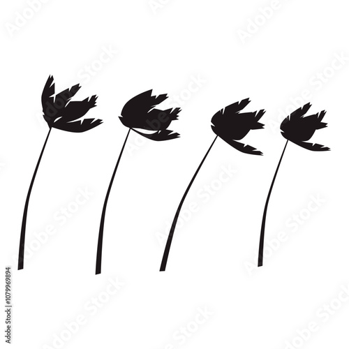 Set of palm trees in a wind storm isolated on white background. Black silhouettes of palm trees in the wind. Group of coconut trees in a hurricane. Palm tree in a wind silhouette. Palm tree in storm