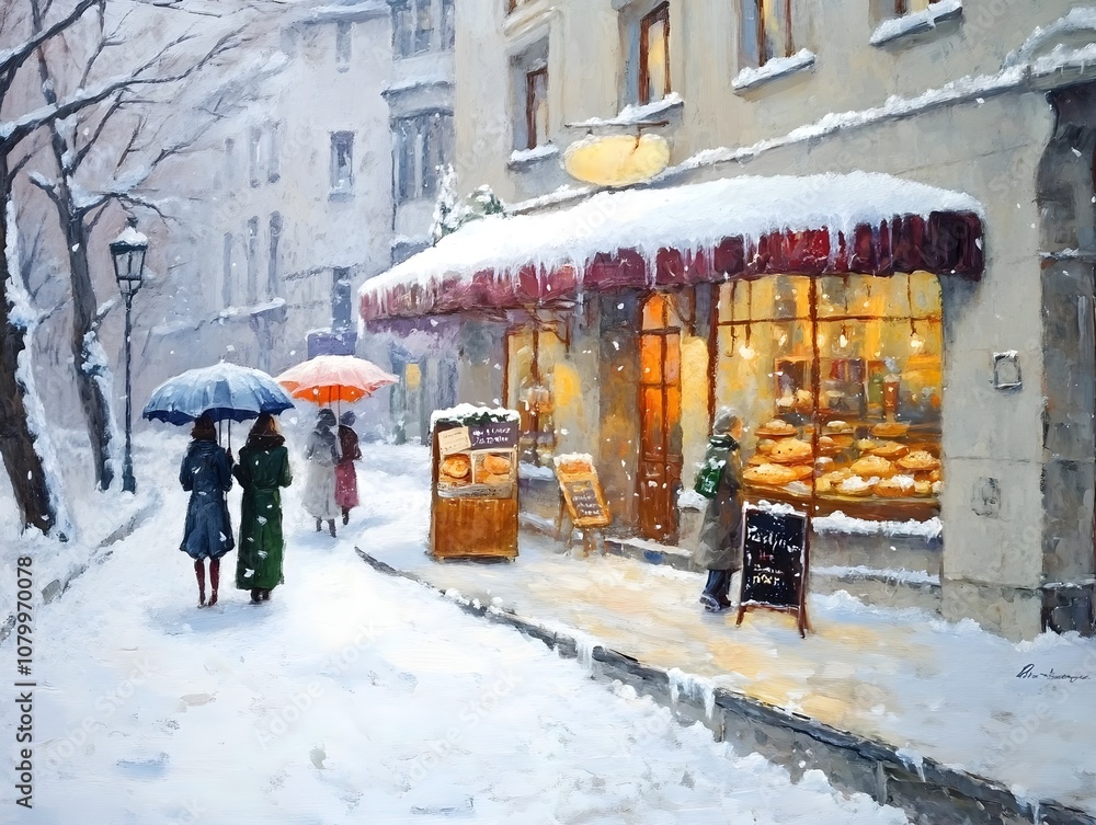 Fototapeta premium A winter oil painting of a bakery at the street corner of an old urban European city, with a few people walking with umbrellas