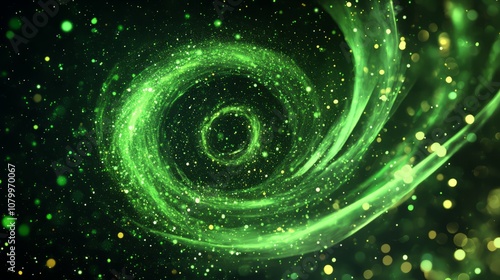 Bright green wind with magical sparkling particles, swirling gently