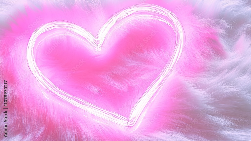 Neon pink heart on soft white fur valentine's day love symbol, romantic background for celebrations and social media themes Neon pink heart on soft white fur valentine's day love symbol, romantic background for celebrations and social media themes