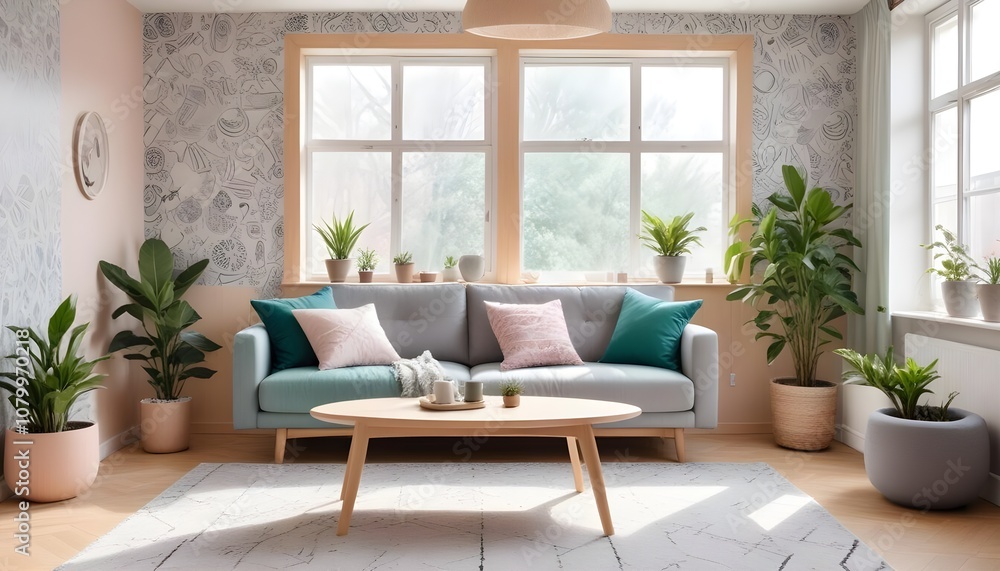 Scandinavian living room interior design zoom background,Doodle patterned wallpaper graphics Scandinavian living room interior design zoom background,Doodle patterned wallpaper graphics