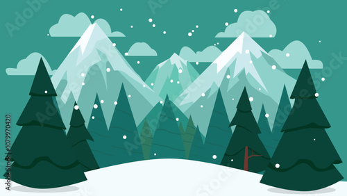 Mountain Nature Landscape with Pine Tree in the Forest in Snow Winter Season