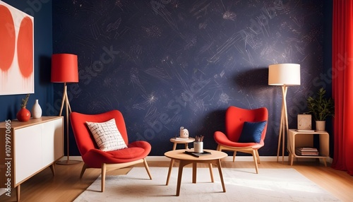 Scandinavian living room interior design zoom background,Doodle patterned wallpaper graphics