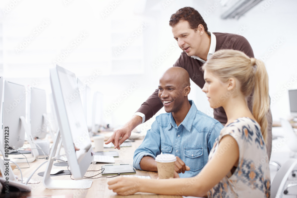 Computer, discussion and web development with business people in creative workplace for meeting. Collaboration, conversation or pointing with man and woman programming employee in office together Computer, discussion and web development with business people in creative workplace for meeting. Collaboration, conversation or pointing with man and woman programming employee in office together