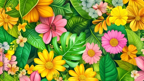 A bright background filled with summer flowers and leaves in vivid colors, like yellow, pink, and green