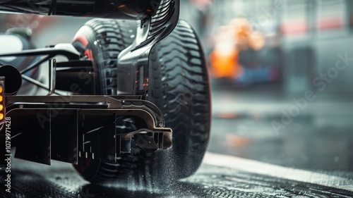 Close-up view of an F1 car's rear wing and exhaust, showcasing the intricate design and performance features. The wet conditions emphasize speed and technology.