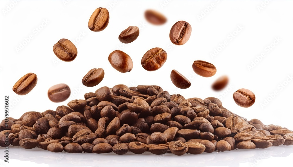 Obraz premium Falling Coffee Beans – Close-Up on White Background
