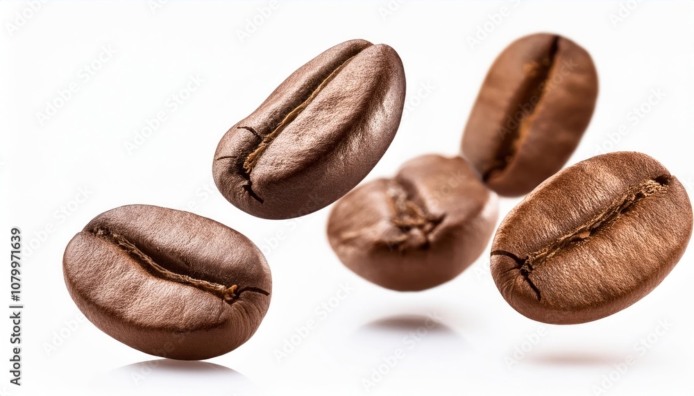 Falling Coffee Beans – Close-Up on White Background Falling Coffee Beans – Close-Up on White Background