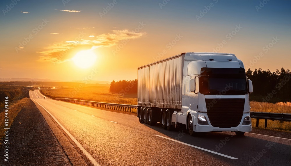 Freight Truck Driving on Highway at Sunset – Close-Up View Freight Truck Driving on Highway at Sunset – Close-Up View
