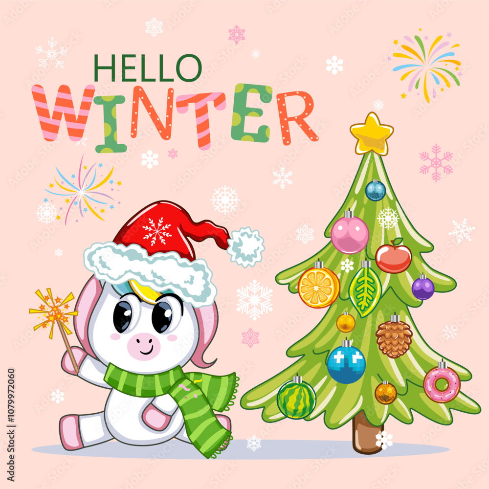 Cute little unicorn. Christmas and New Year. Cute little unicorn. Christmas and New Year.