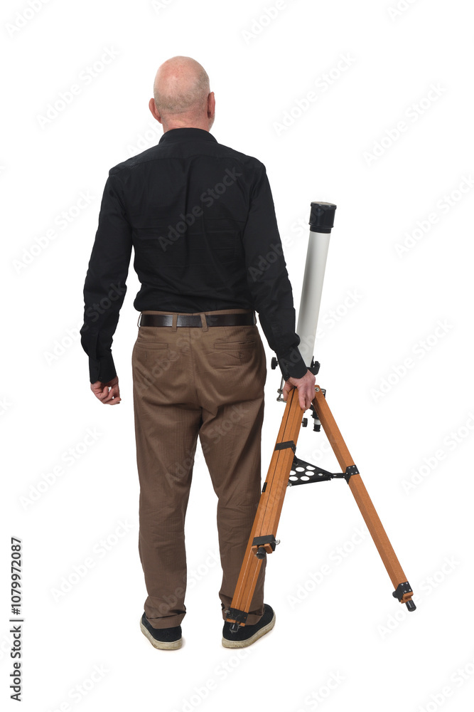 back view of a man holding telescope on white background