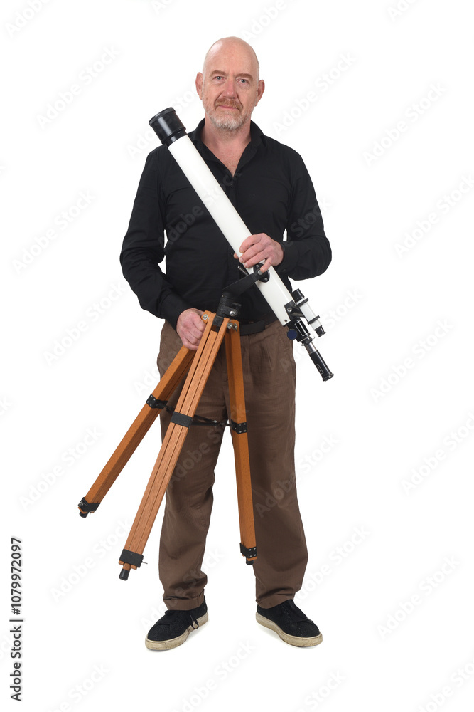 front view of a man holding telescope on white background front view of a man holding telescope on white background