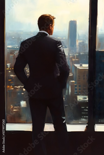 A businessman in formal attire standing by a large office window, gazing out thoughtfully over the cityscape, with hands in pockets. 