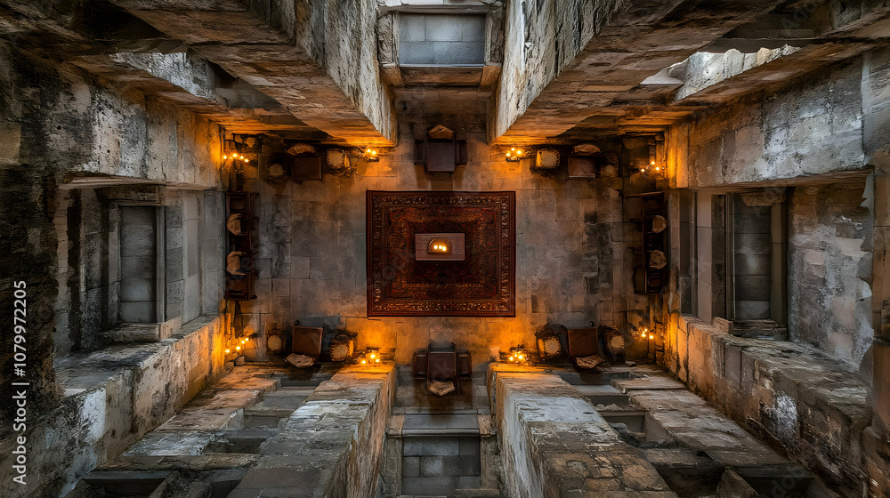 Photo Ancient Stone Room Interior Rug Candles Warm Light Photo Ancient Stone Room Interior Rug Candles Warm Light