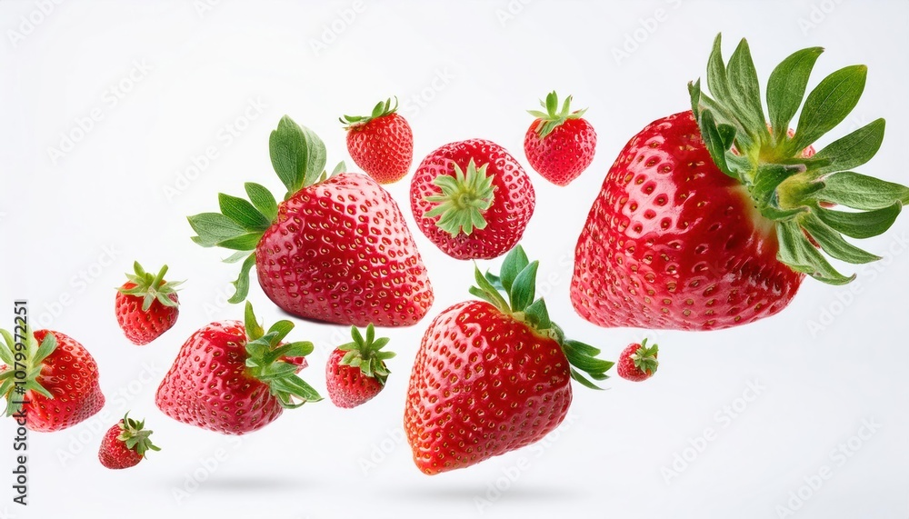 Strawberries and Sliced Strawberries Flying in the Air – Isolated on White Background Strawberries and Sliced Strawberries Flying in the Air – Isolated on White Background