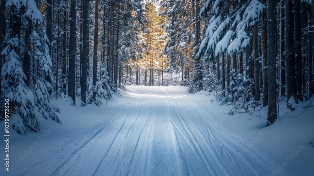 A pristine cross-country ski trail winding through snow-covered pines in a calm winter forest. A pristine cross-country ski trail winding through snow-covered pines in a calm winter forest.