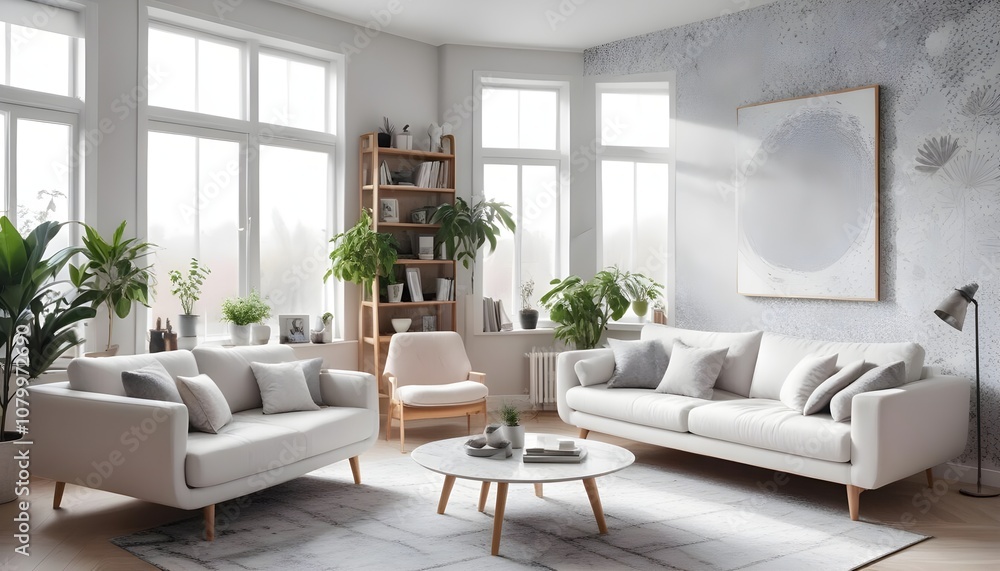 Fototapeta premium Scandinavian living room interior design zoom background,Doodle patterned wallpaper graphics