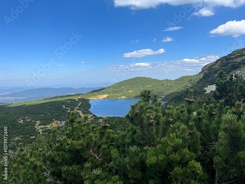 view from the mountain into the lake in Rila mountain