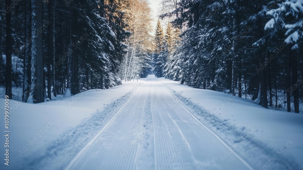 Obraz premium A pristine cross-country ski trail winding through snow-covered pines in a calm winter forest.