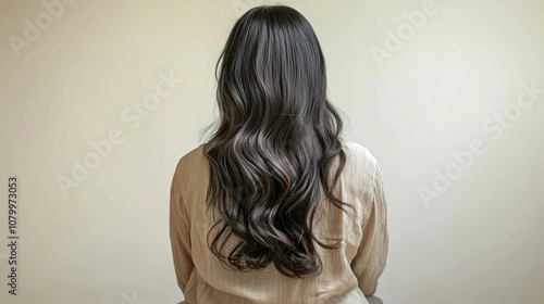 Woman with long, wavy black hair from behind, wearing a beige shirt.