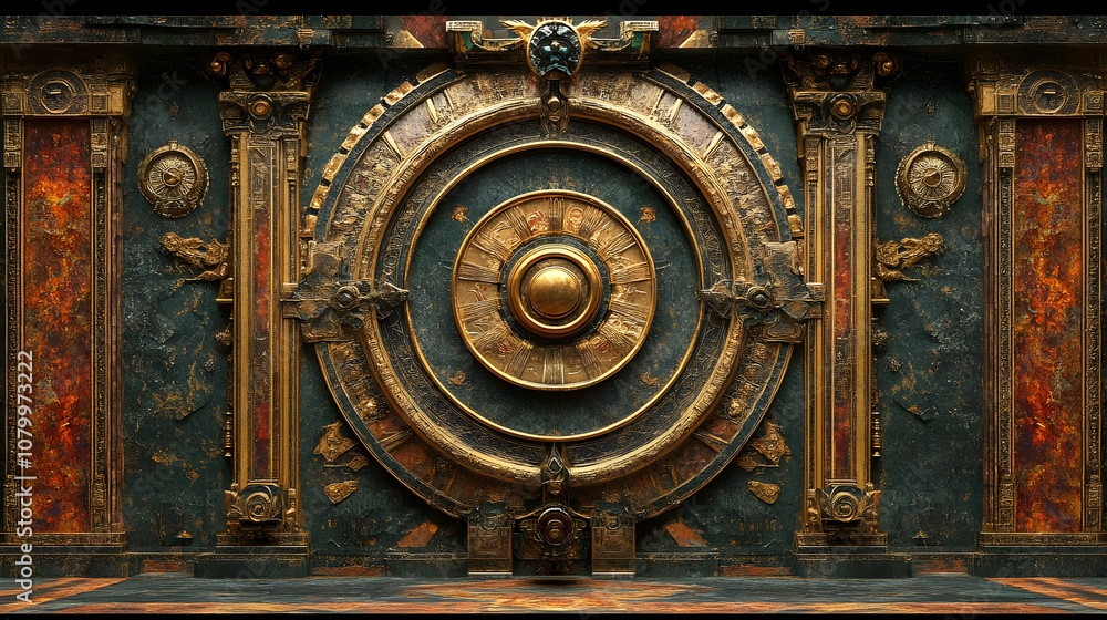 Illustration Ornate Gold and Teal Wall with Large Circular Design Illustration Ornate Gold and Teal Wall with Large Circular Design