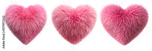 Set Cut out Pink fur heart on white isolated transparent background.