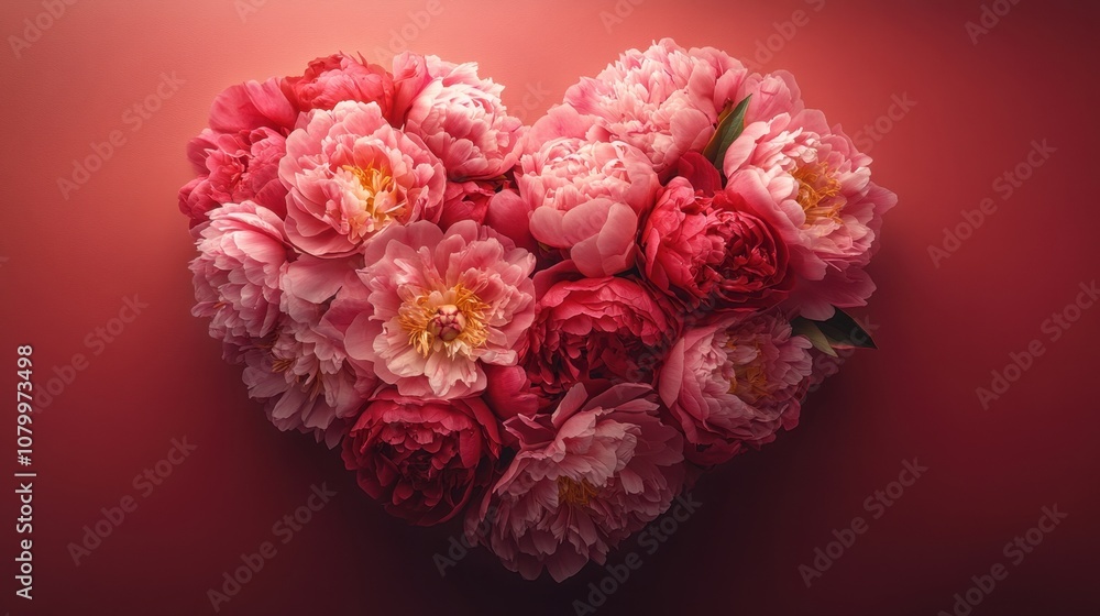 A heart shape made of pink peonies, arranged symmetrically. The background is an even brighter, vibrant shade of red. The flowers are lush and detailed, with soft, velvety petals. A heart shape made of pink peonies, arranged symmetrically. The background is an even brighter, vibrant shade of red. The flowers are lush and detailed, with soft, velvety petals.