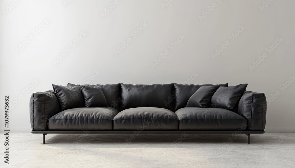 Black leather sofa with four pillows on a white wall background. Black leather sofa with four pillows on a white wall background.