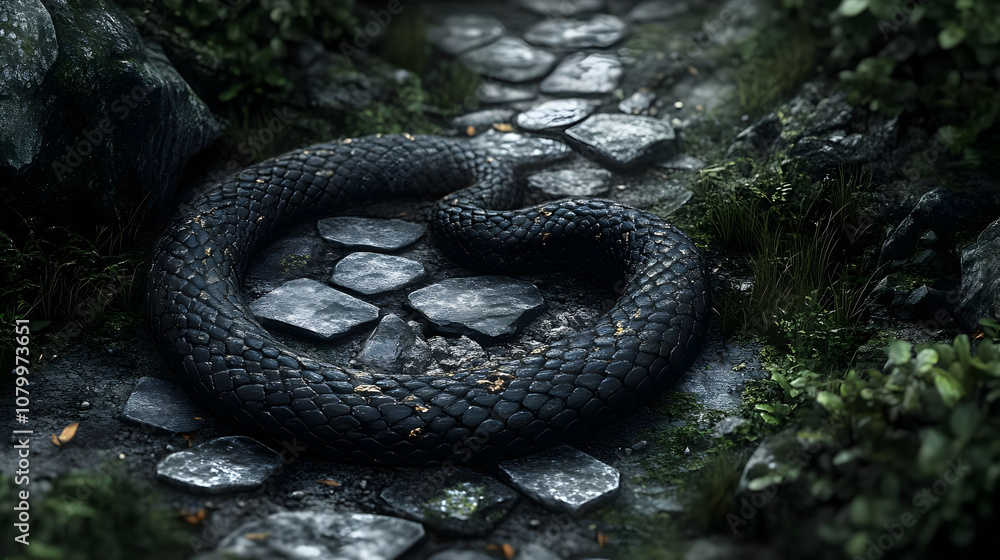 3D Illustration Black Snake Stone Path Forest Fantasy 3D Illustration Black Snake Stone Path Forest Fantasy