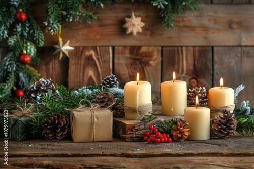 Cozy Christmas Candle Arrangement with Pine Branches, Red Berries, and Rustic Gift on Wood