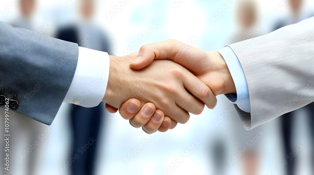 A close-up of a professional handshake, with blurred colleagues in the background, conveying trust, agreement, and cooperation in business A close-up of a professional handshake, with blurred colleagues in the background, conveying trust, agreement, and cooperation in business
