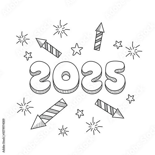 Fireworks display around three dimensional 2025 stars for New Years Eve celebration. Perfect for festive backgrounds, event promotions, and holiday designs. Fireworks surround three dimensional 2025.