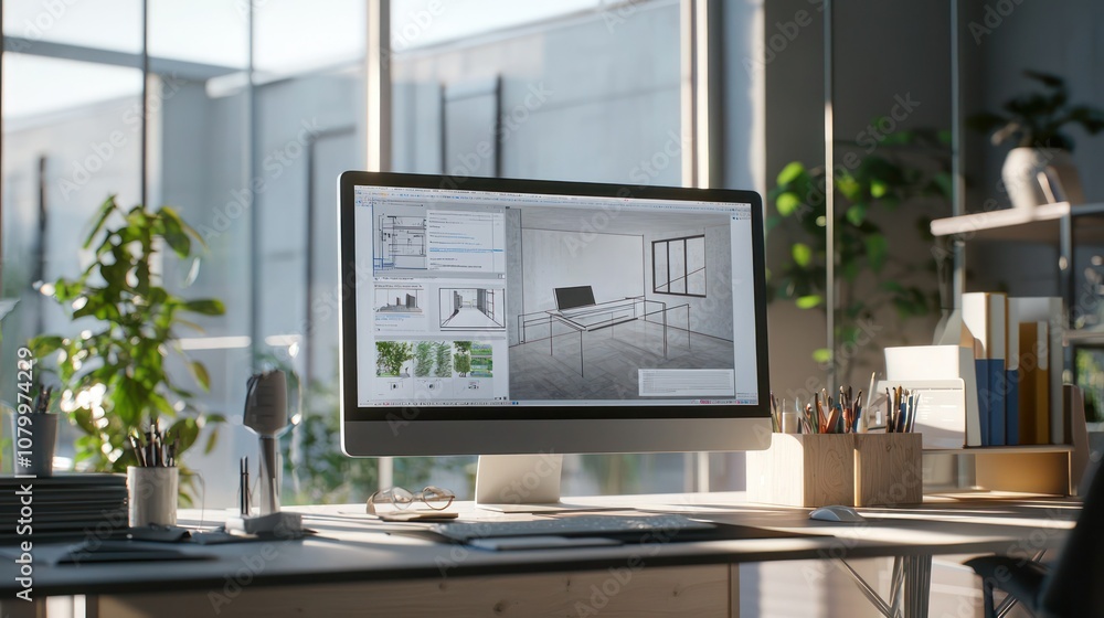 A modern workspace featuring an architect's computer setup, with design ...