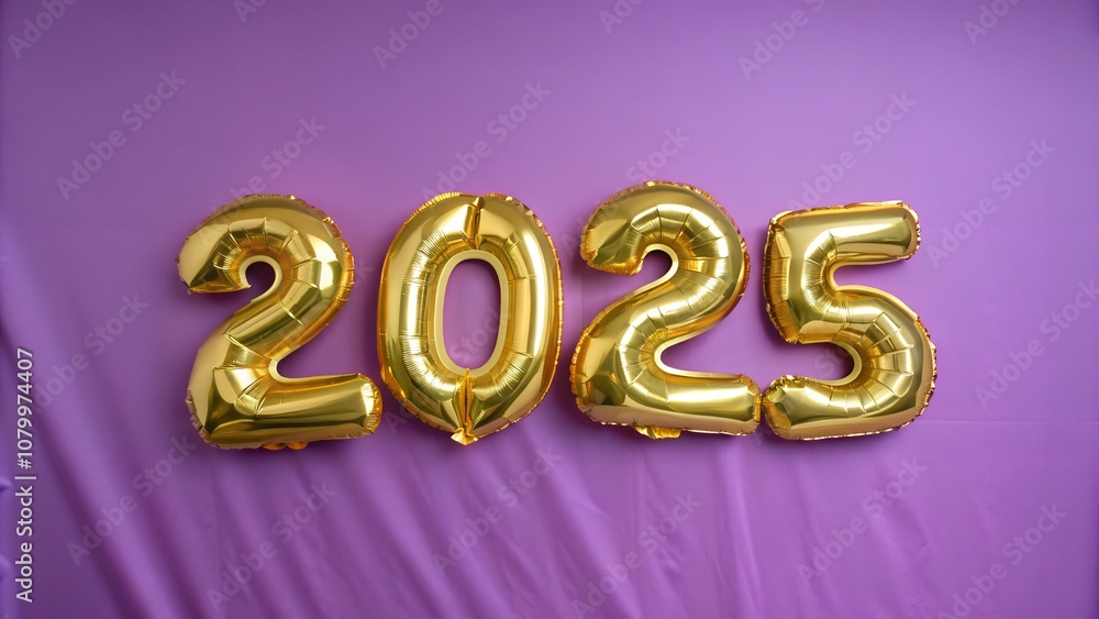 Golden Balloon Numbers 2025 on Purple Background. 2025 displayed with shiny gold balloons on purple Golden Balloon Numbers 2025 on Purple Background. 2025 displayed with shiny gold balloons on purple